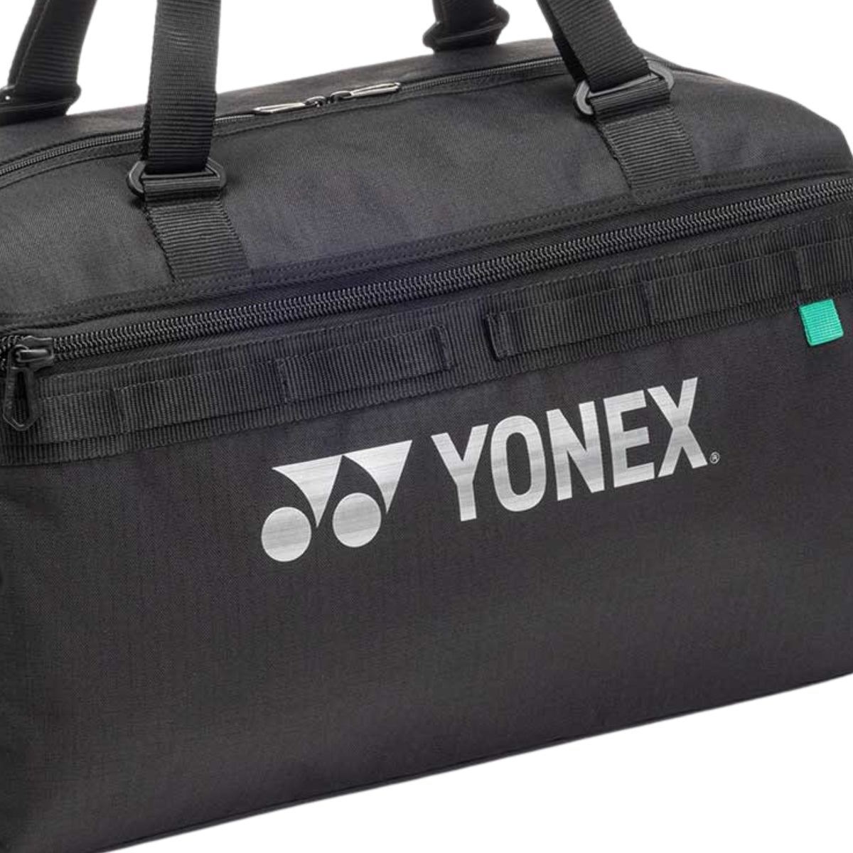 Black duffel bag with Yonex logo on a white background