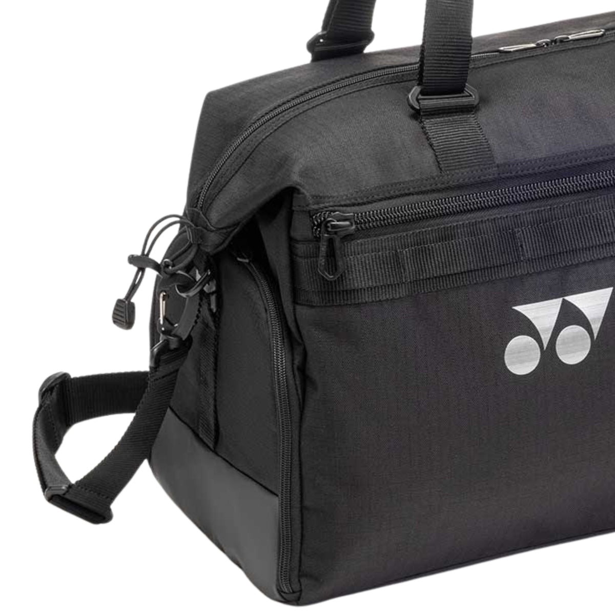 Black duffel bag with a brand logo on a white background