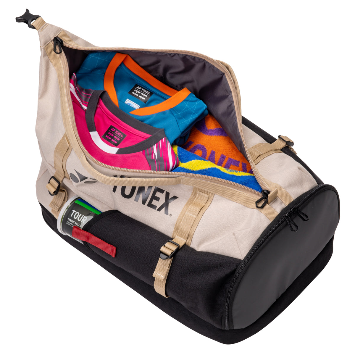 Open backpack with colorful shoes inside, featuring a visible Tonex brand logo.