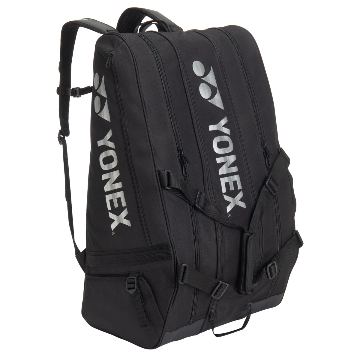 Black Yonex racket bag on a white background