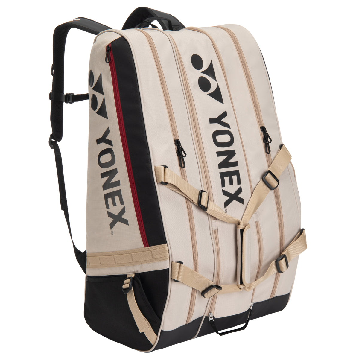 Yonex racket bag with beige and black design on a white background