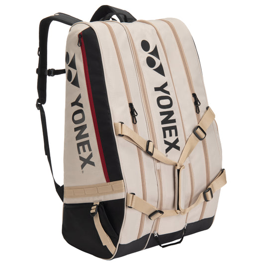 Yonex racket bag with beige and black design on a white background