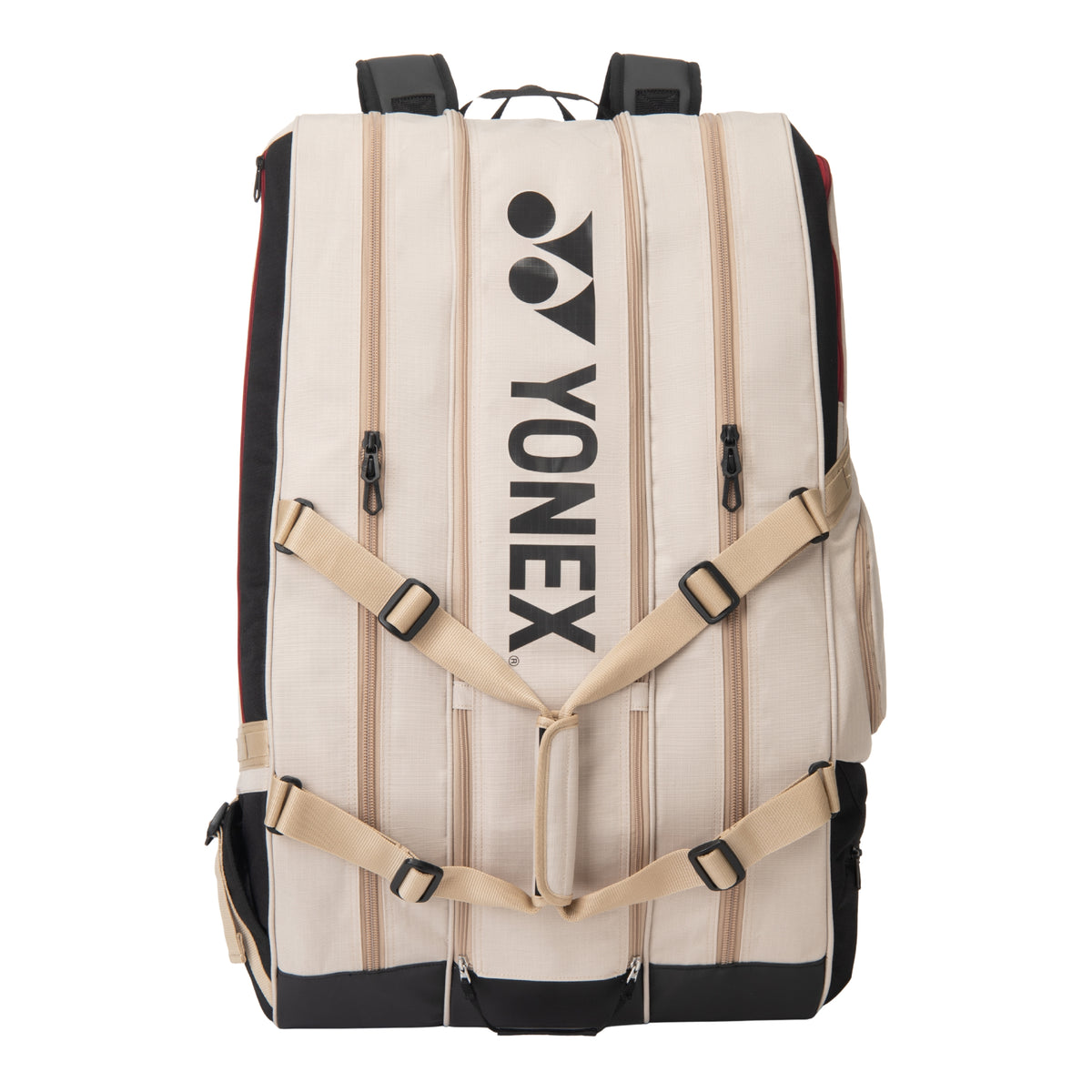 Yonex racket bag with beige straps on a white background