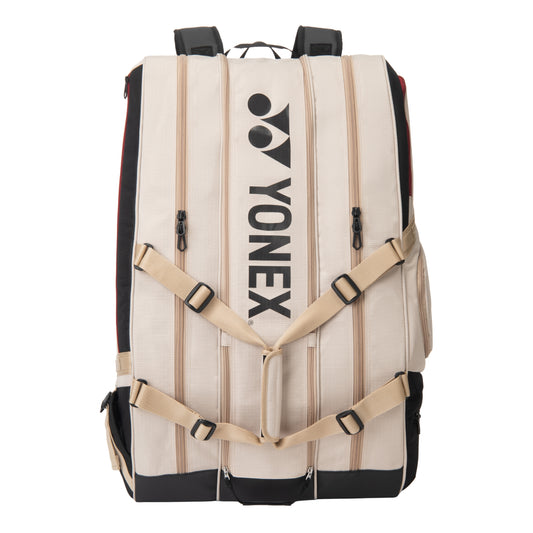 Yonex racket bag with beige straps on a white background