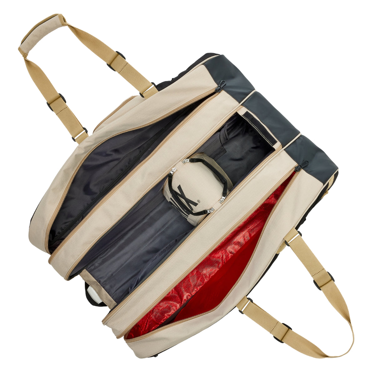Beige and black racket bag with red interior on a white background