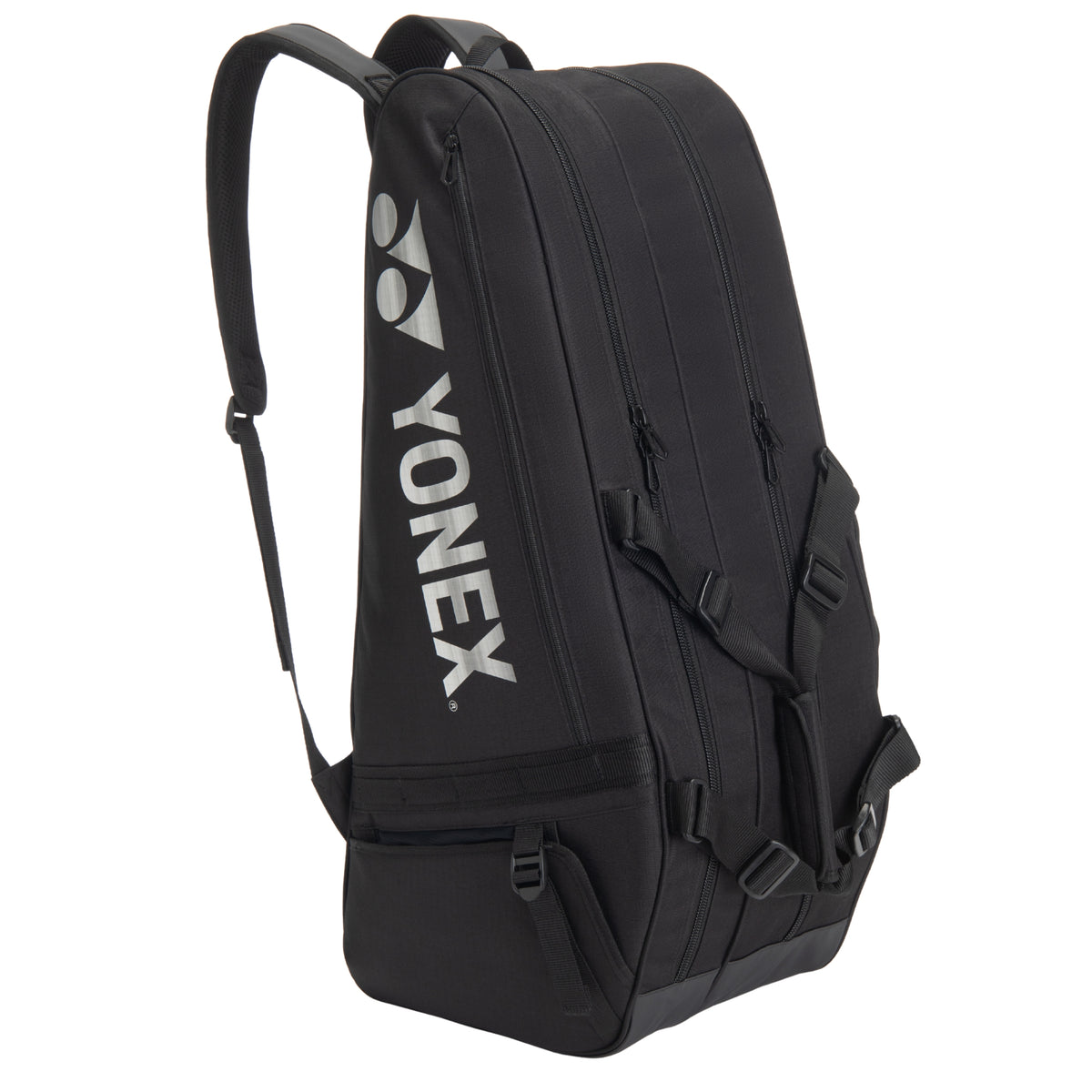 Black tennis bag with Yonex logo on a white background