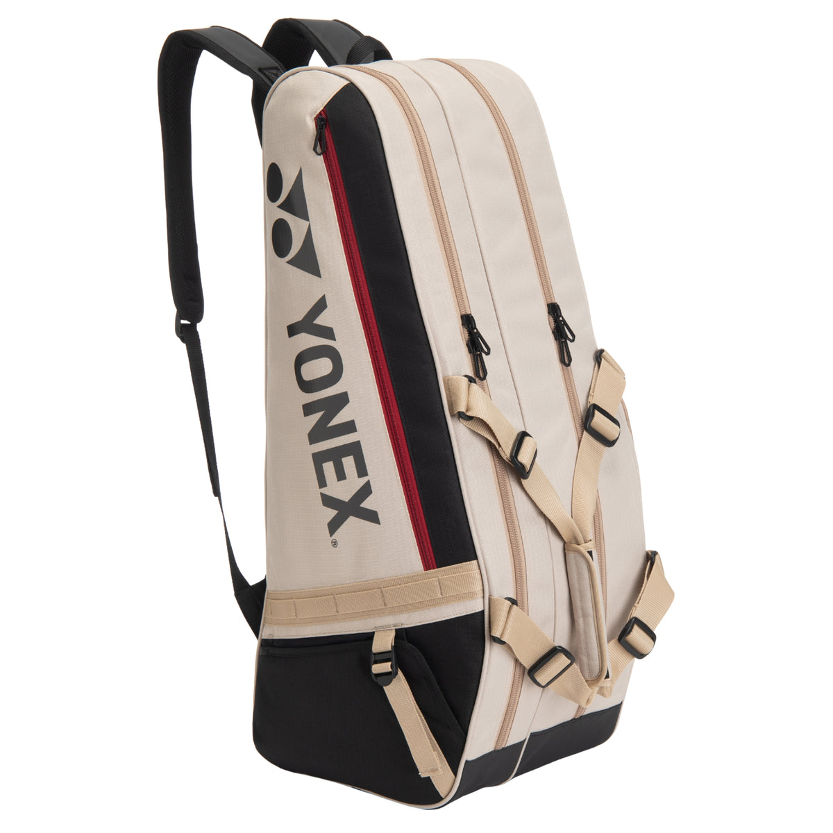 Yonex tennis bag with beige and black design on a white background