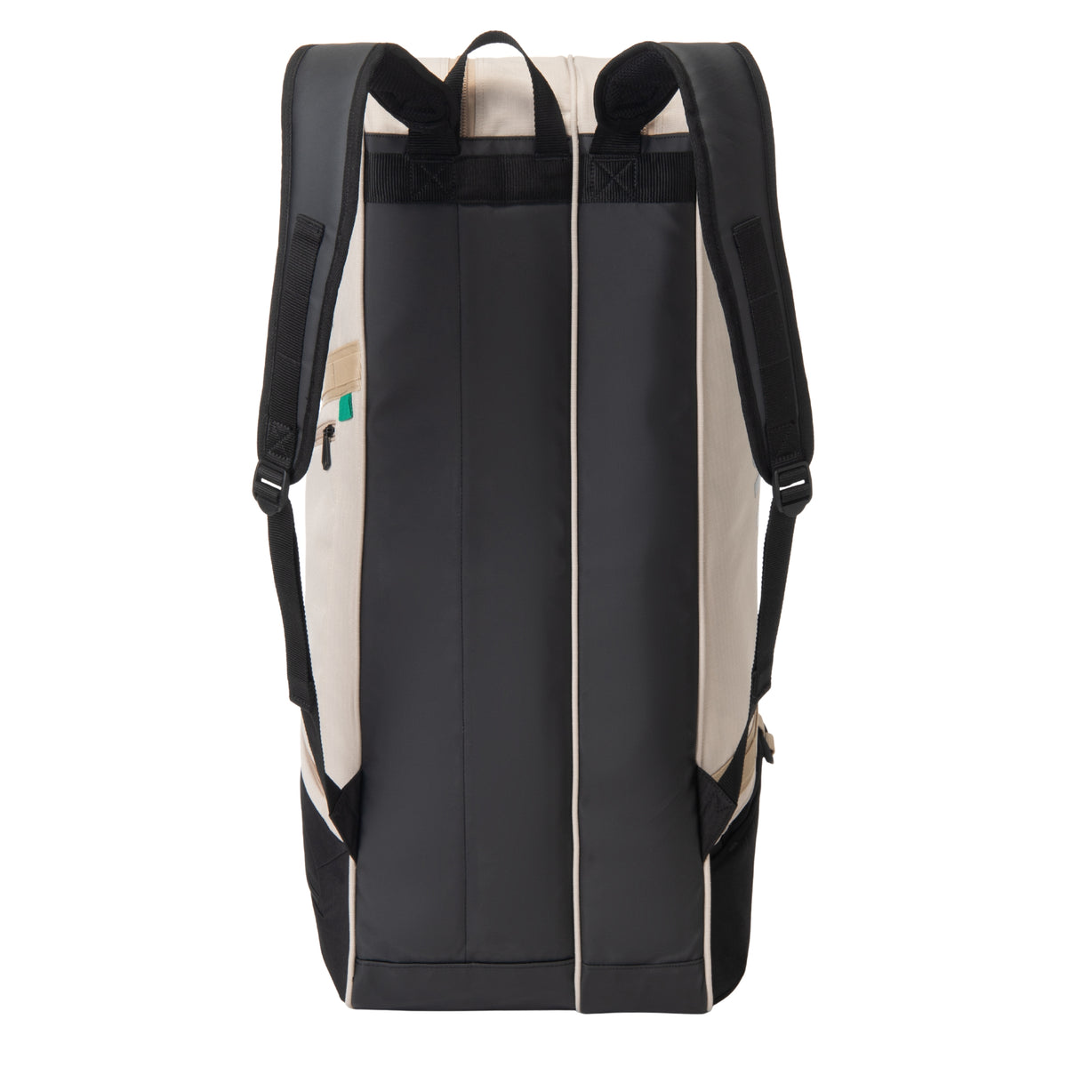 Black tennis bag with beige accents on a white background