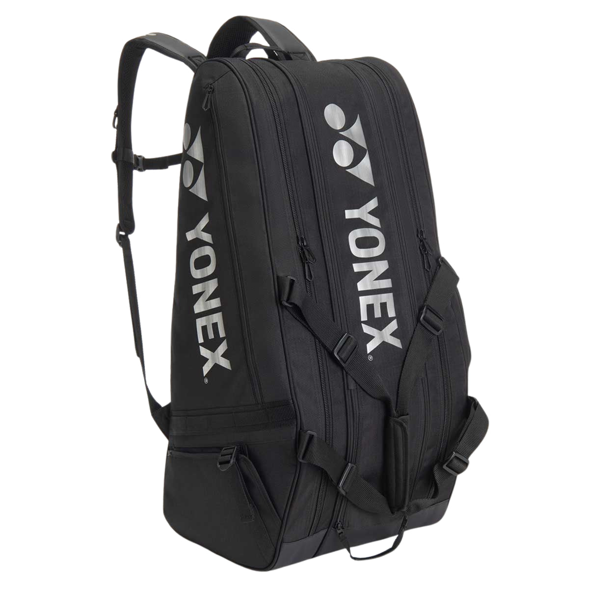 Black Yonex racket bag on a white background