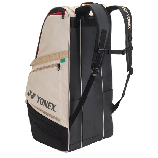 Yonex racket bag with beige and black design on a white background