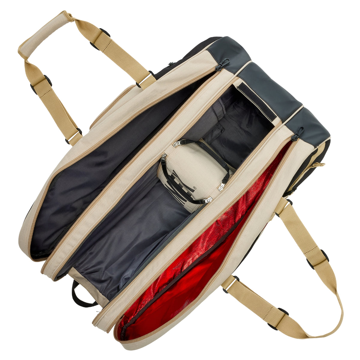 Open beige and black racket bag with a helmet inside on a white background