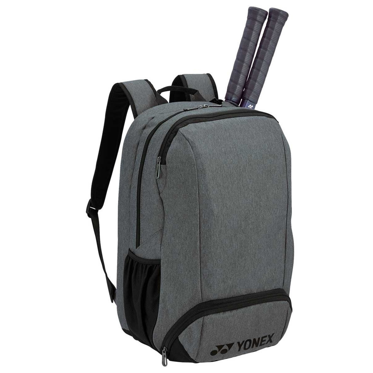 Gray backpack with Yonex branding and tennis rackets on a white background