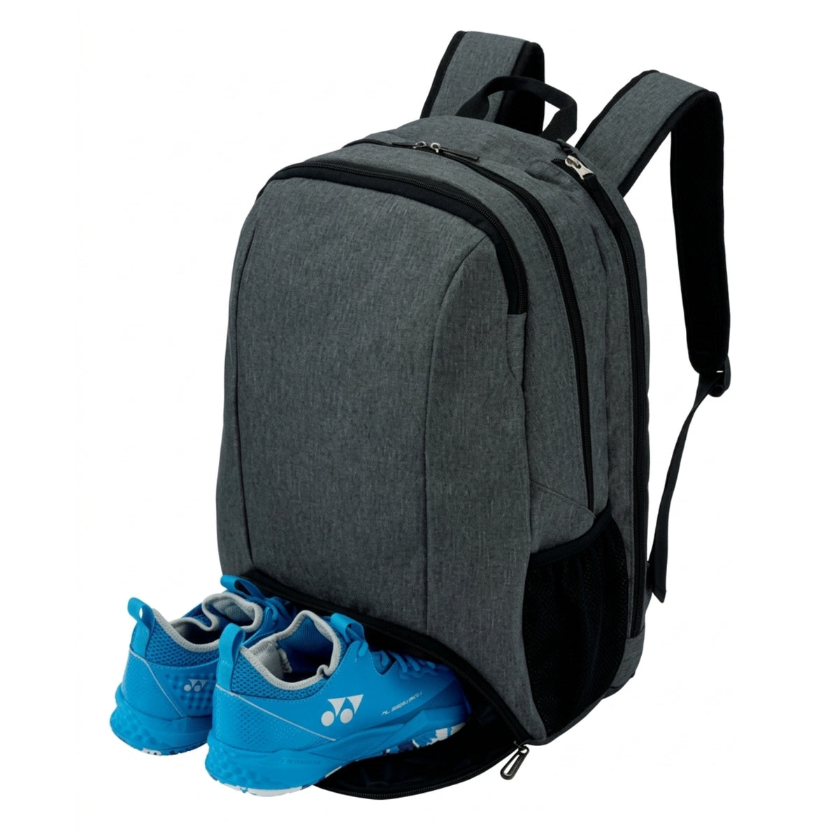Gray backpack with blue shoes on a white background