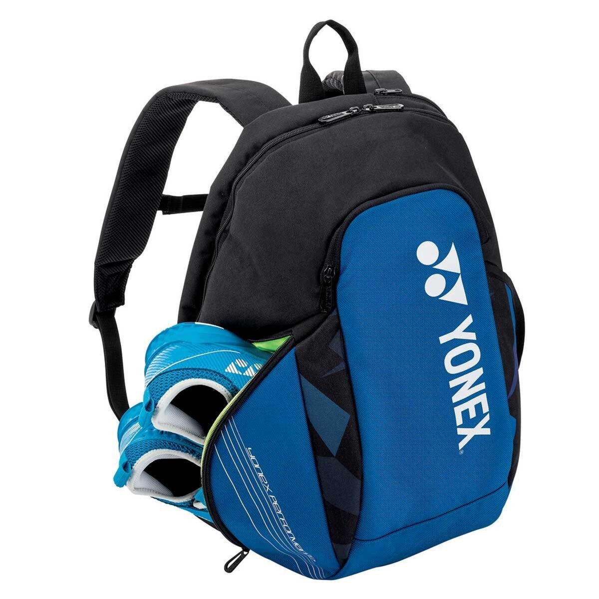 Black and blue Yonex backpack with shoes inside on a white background