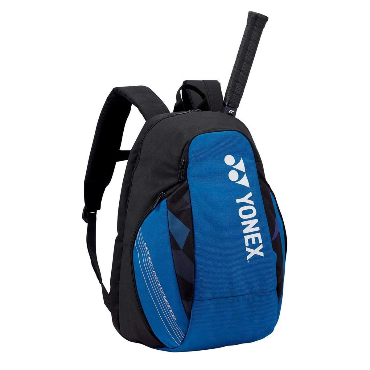 Blue and black backpack with Yonex logo on a white background