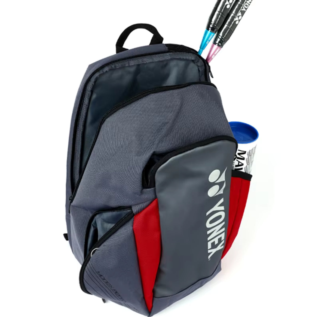 Gray and red Yonex backpack with badminton rackets on a white background