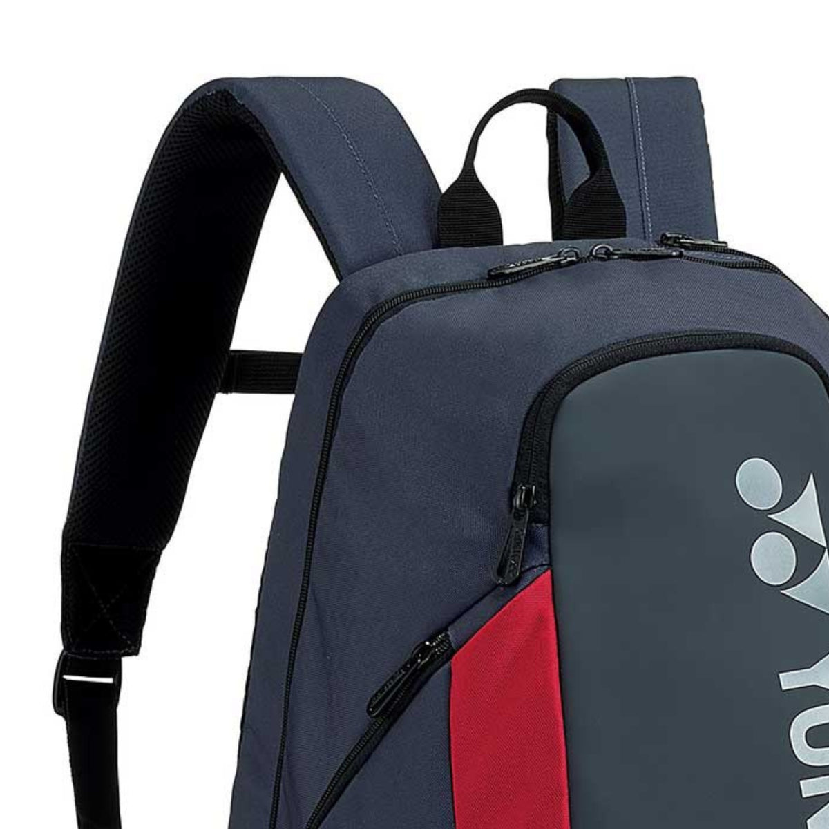 Blue and red backpack with a visible brand logo on a white background