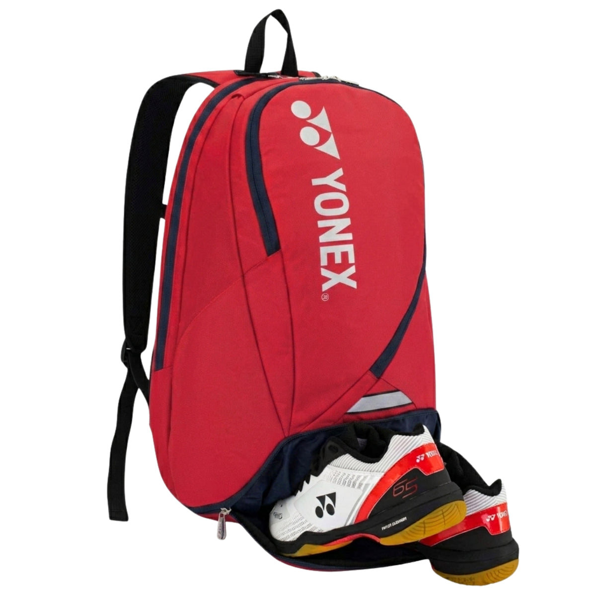 Red Yonex backpack with a white badminton shoe on a white background