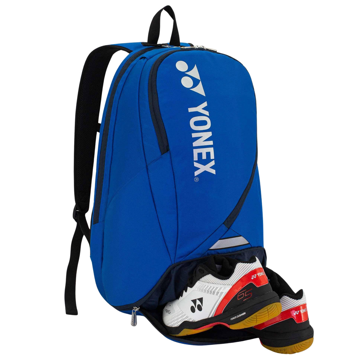 Blue Yonex backpack with a white, red, and black shoe on a white background