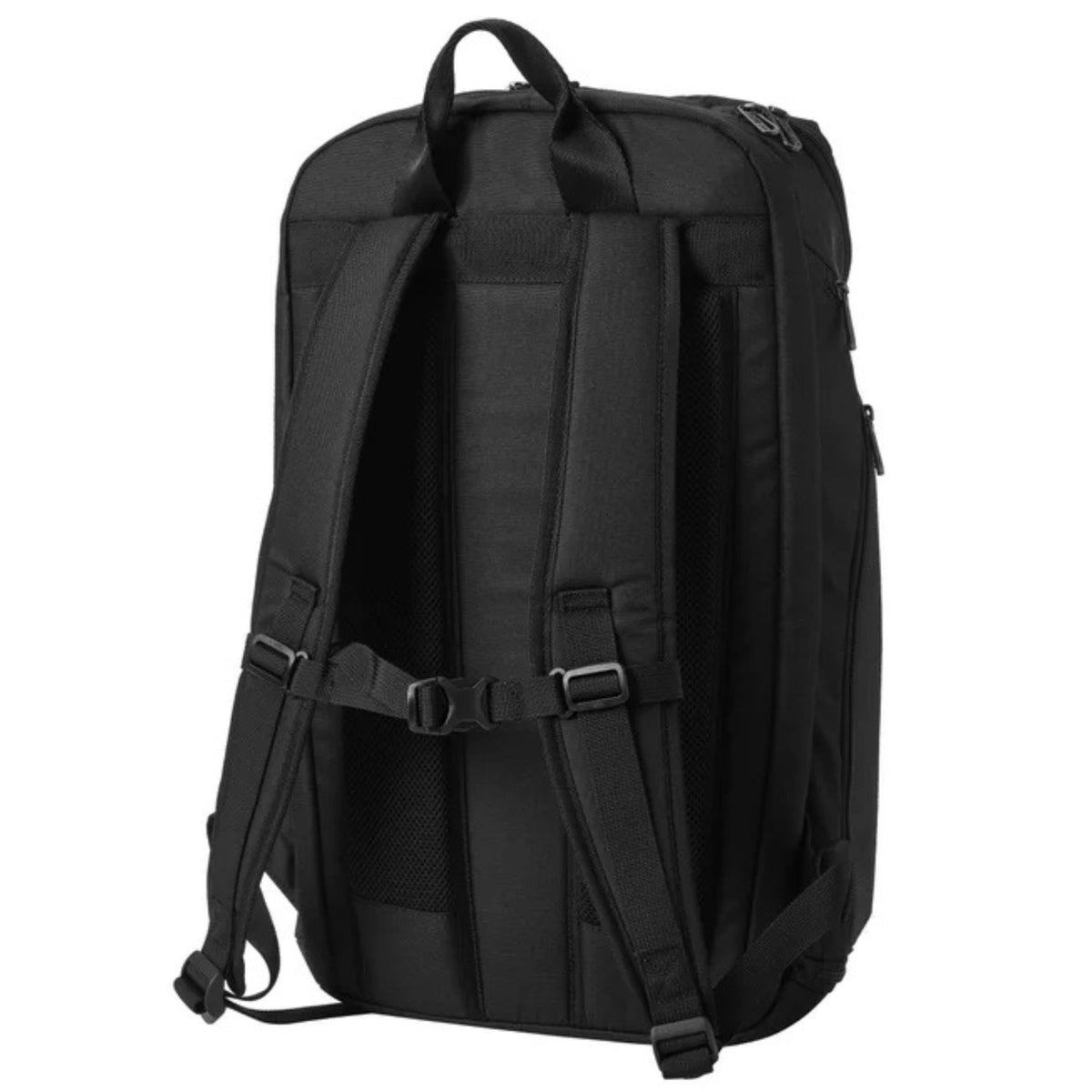 Black backpack with multiple straps on a white background