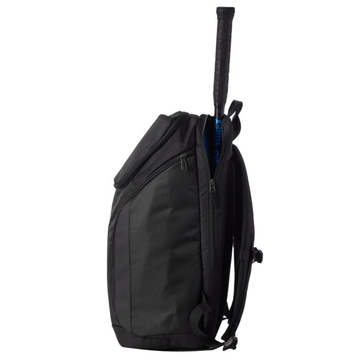 Black backpack with a tennis racket inside on a white background