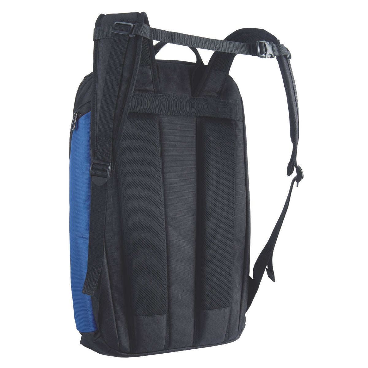 Black backpack with a blue compartment on a white background