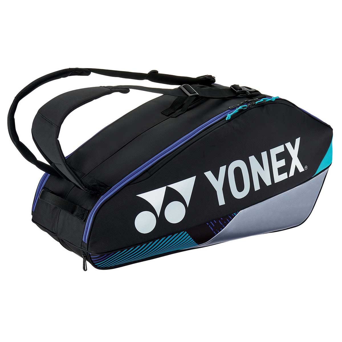 Yonex sports bag with black, gray, and blue design on a white background