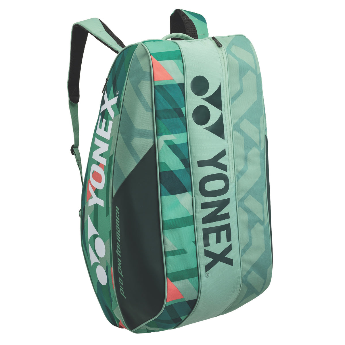 Green Yonex racket bag with geometric pattern on a white background