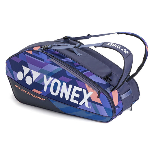 Blue and purple Yonex racket bag with geometric pattern on a white background
