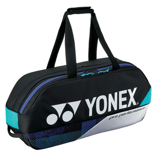 Yonex tennis bag with black, blue, and white design on a white background