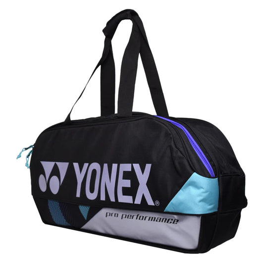 Black tennis bag with Yonex branding on a white background