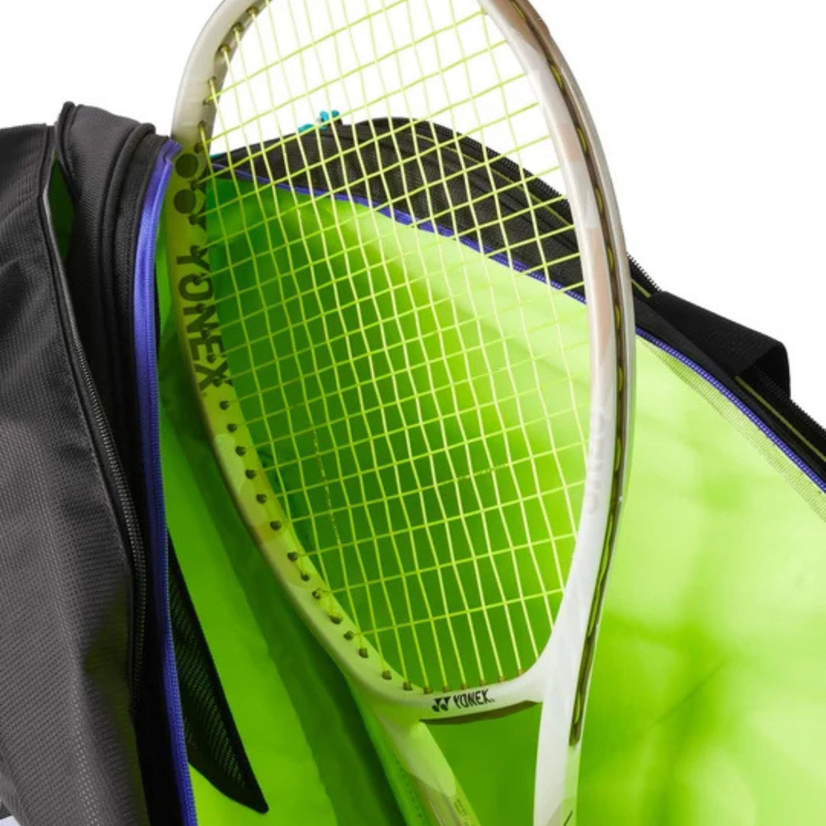Green tennis racket bag with Yonex branding against a white background