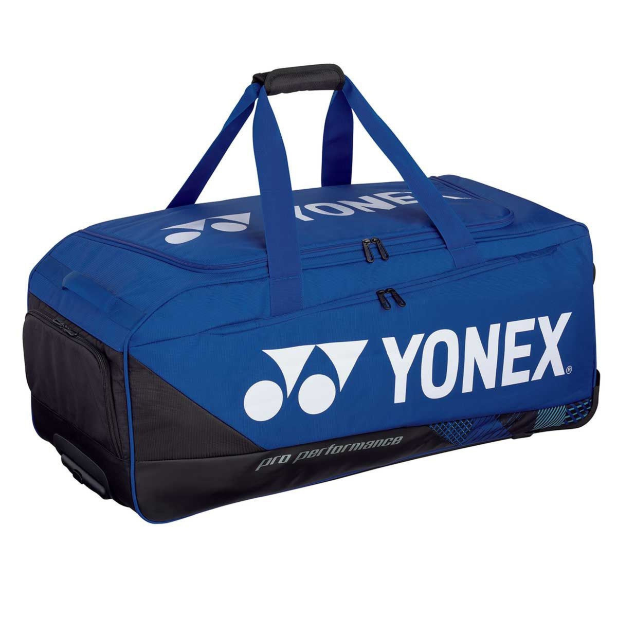 Blue Yonex trolley bag with black accents on a white background