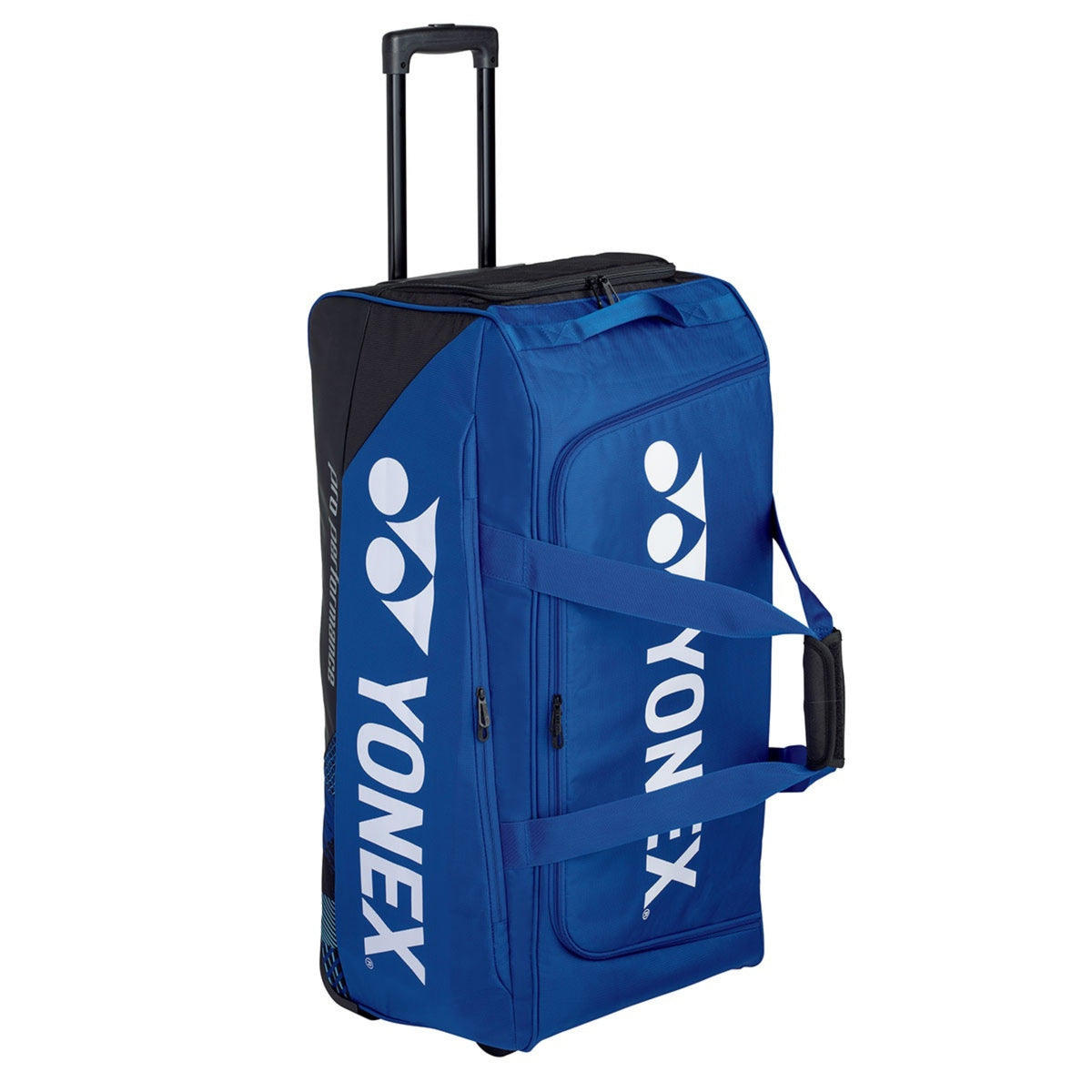 Blue Yonex trolley bag with wheels on a white background