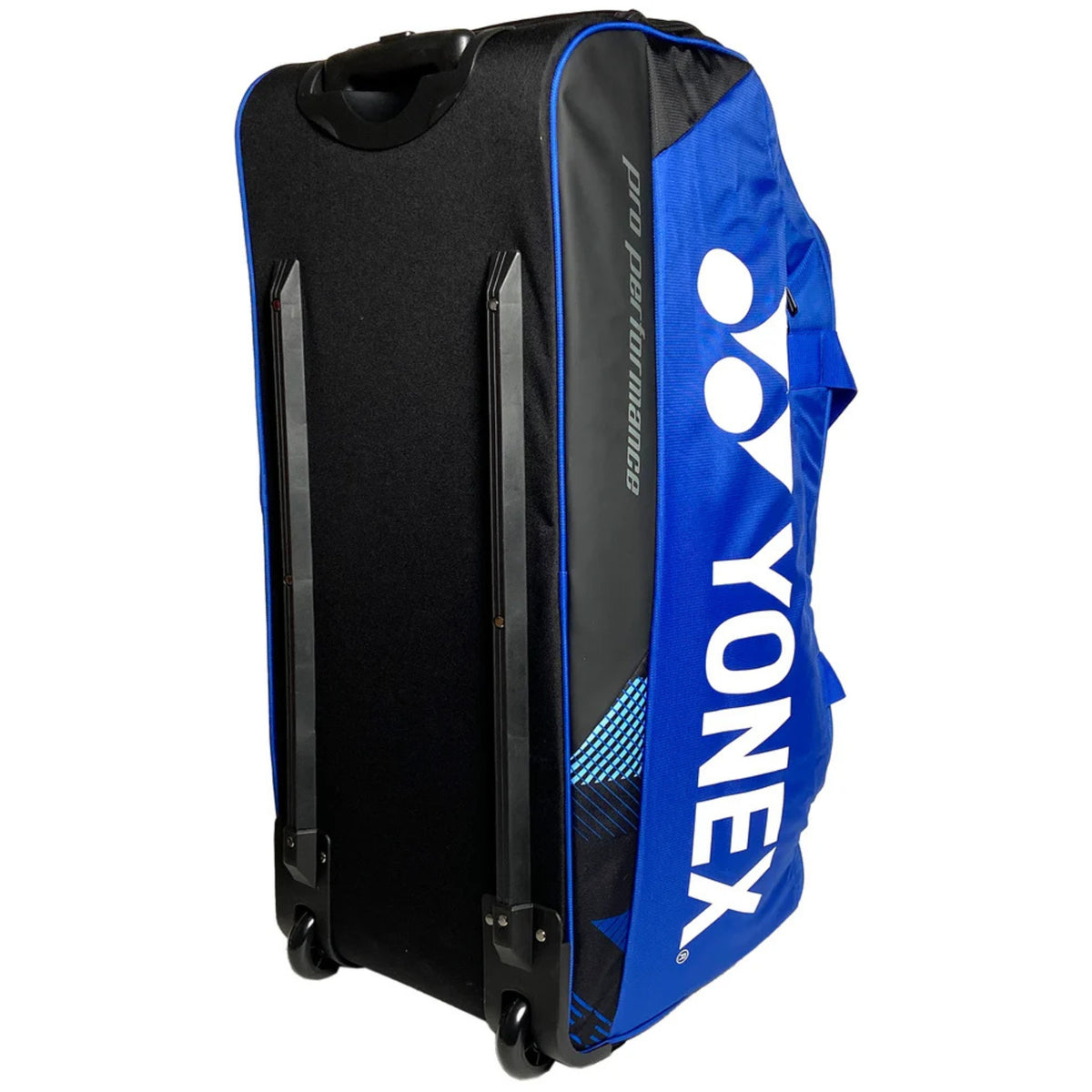 Blue and black Yonex trolley bag on a white background