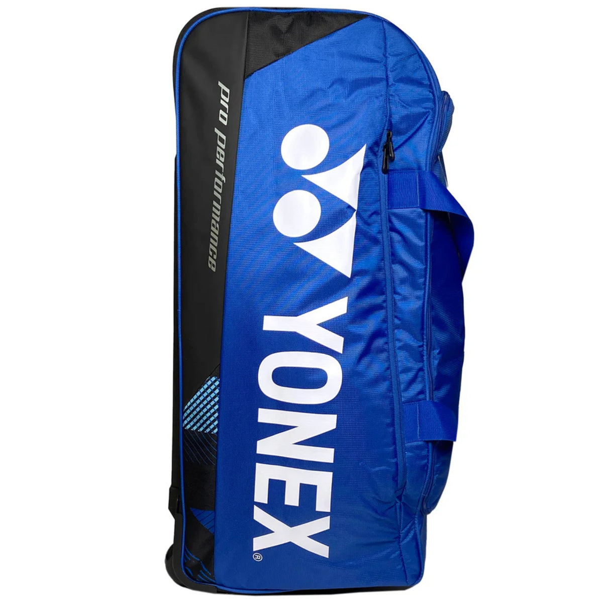 Blue Yonex trolley bag on a white background
