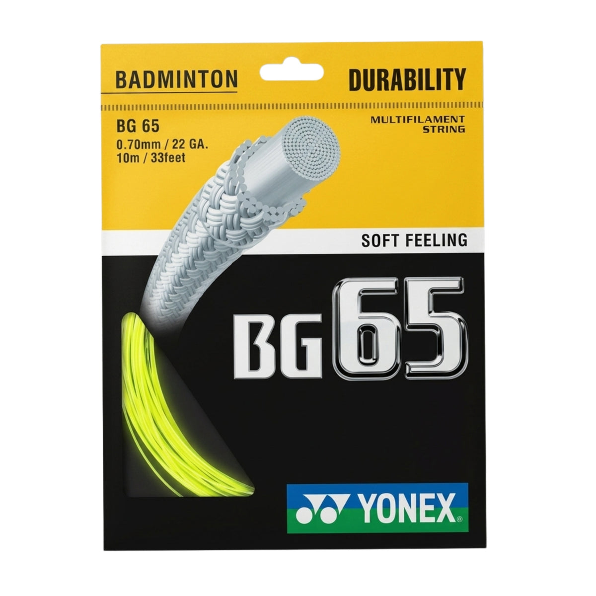 Yonex BG65 badminton string package with yellow and black design