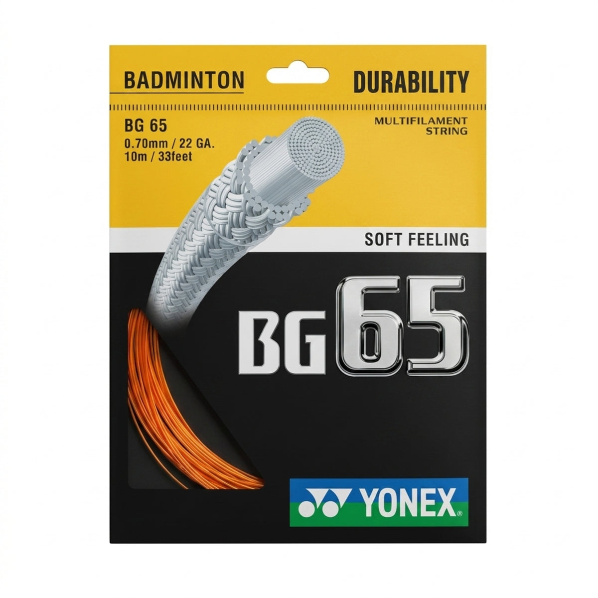 Yonex BG 65 badminton string package with yellow and black design