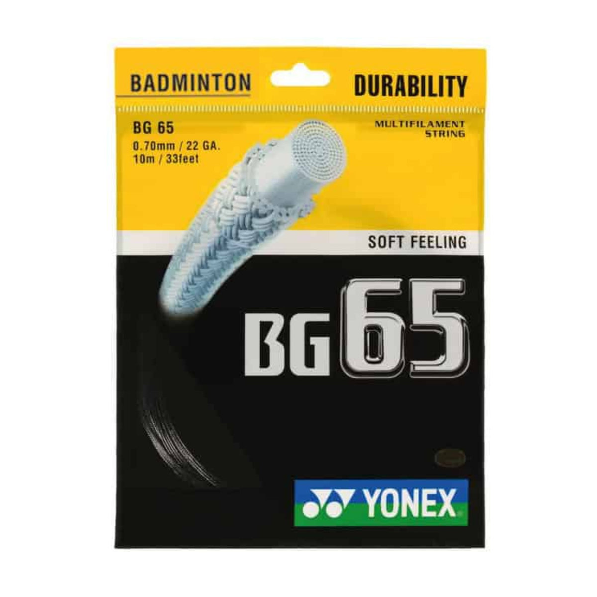 Yonex BG65 badminton string package with yellow and black design
