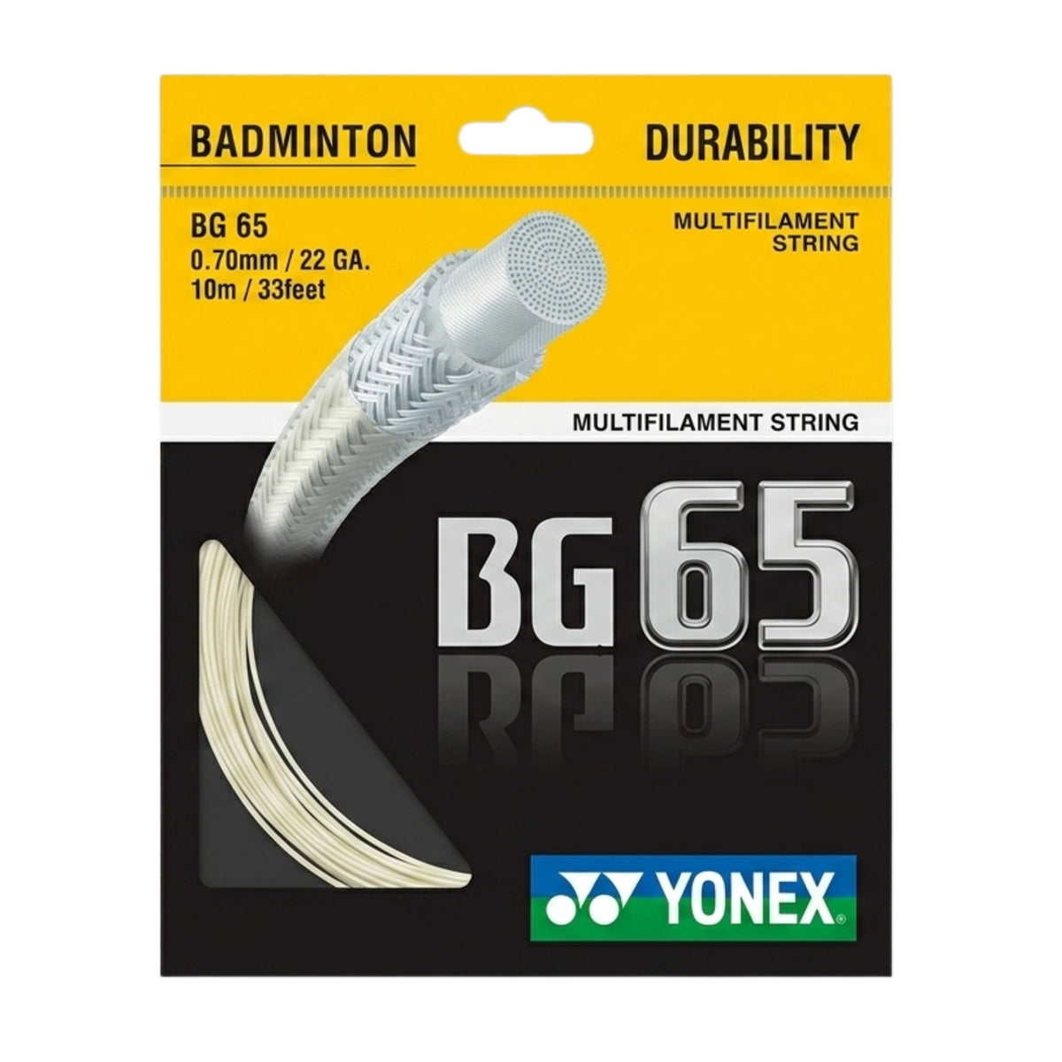 Yonex BG 65 badminton string package with yellow and black design