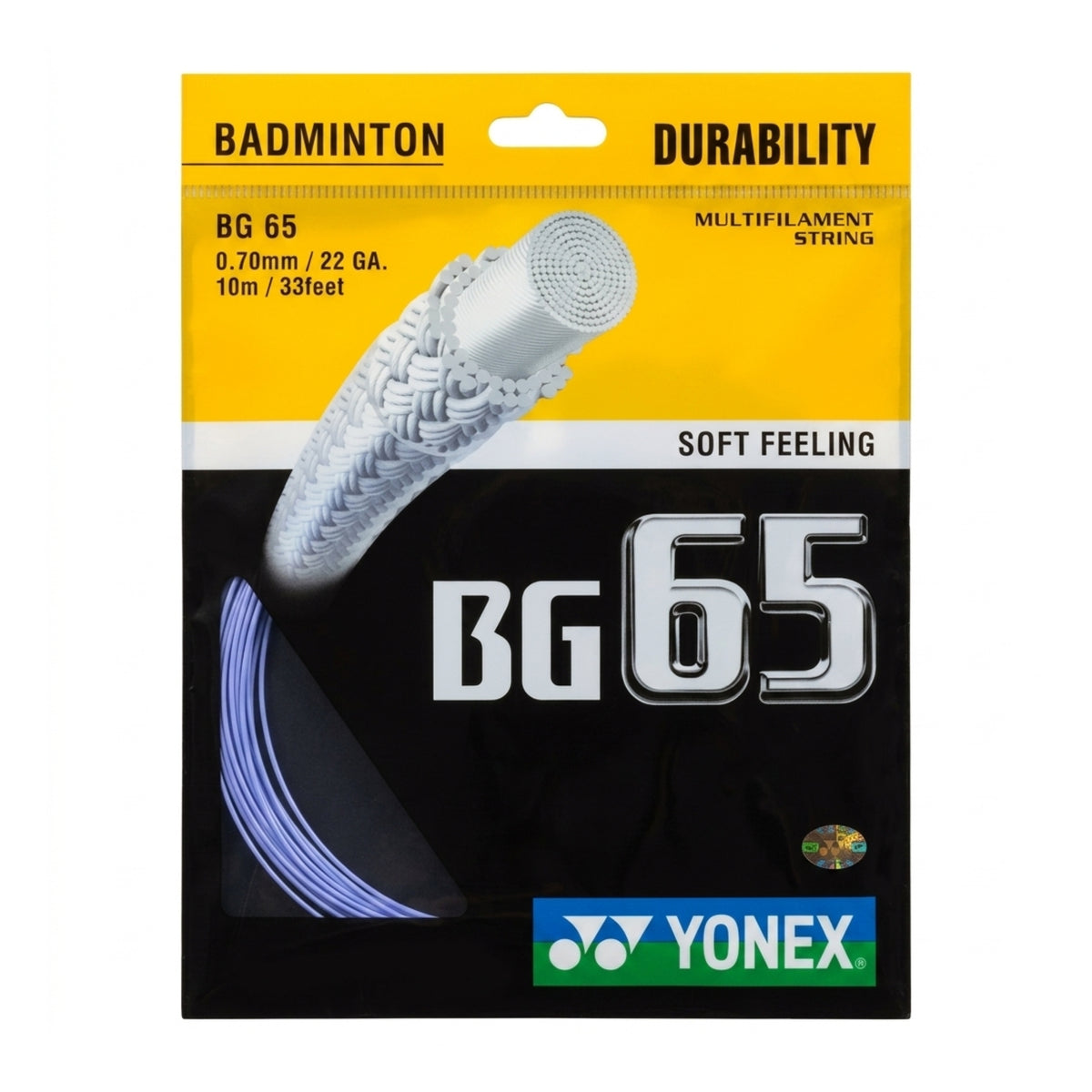 Yonex BG65 badminton string package with yellow and black design