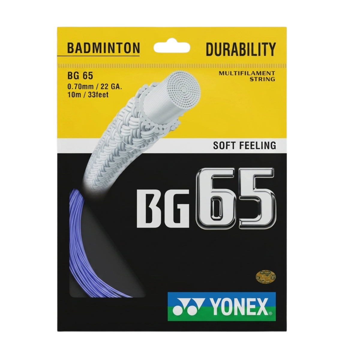 Yonex BG 65 badminton string package with text on a white background