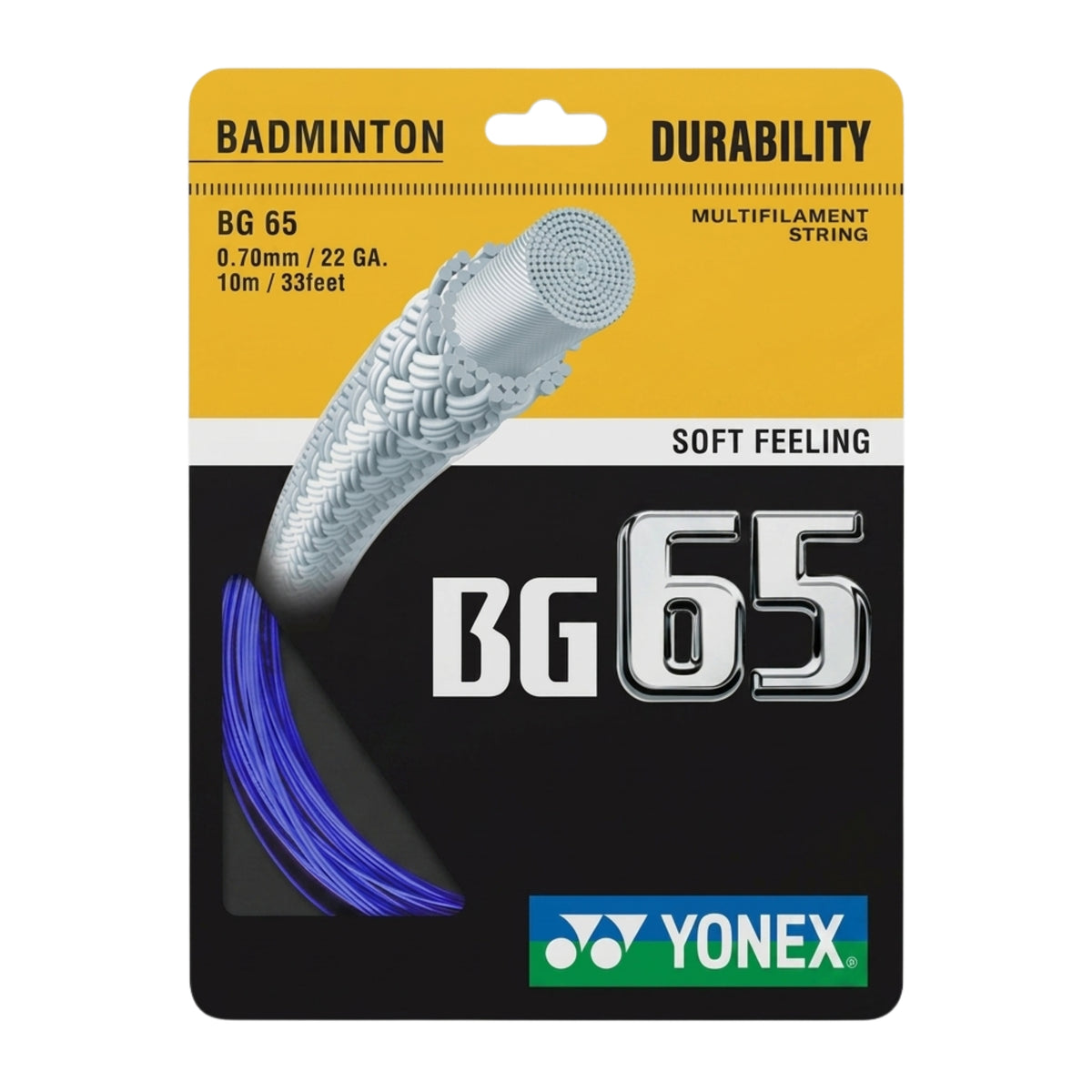 Yonex BG 65 badminton string package with yellow and black design