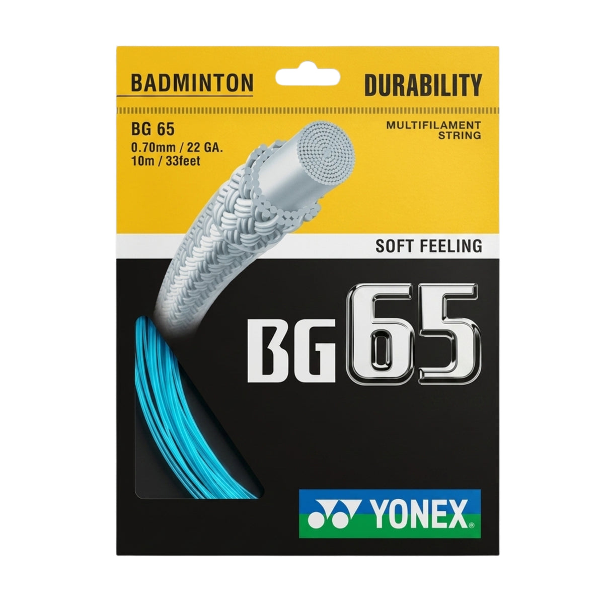 Yonex BG 65 badminton string package with product and brand logo on a white background