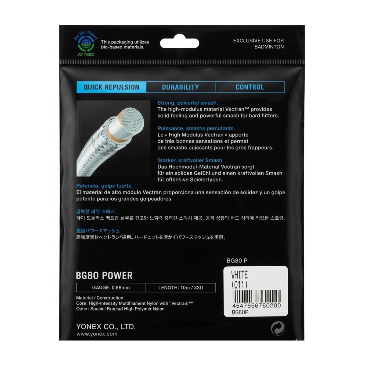 Yonex badminton string package with product details on a black background