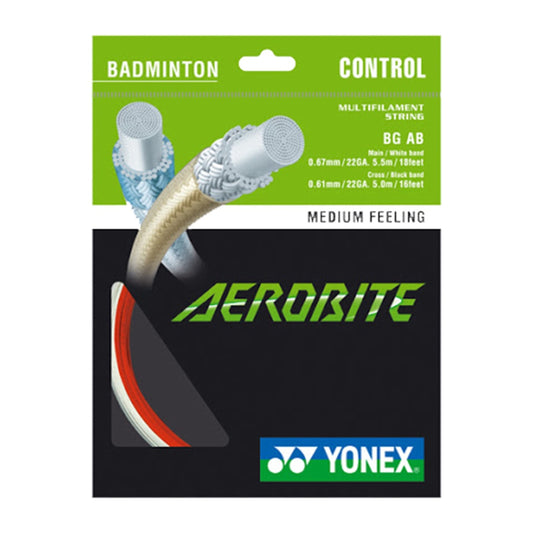 Yonex Aerobite badminton string packaging with product and branding details.