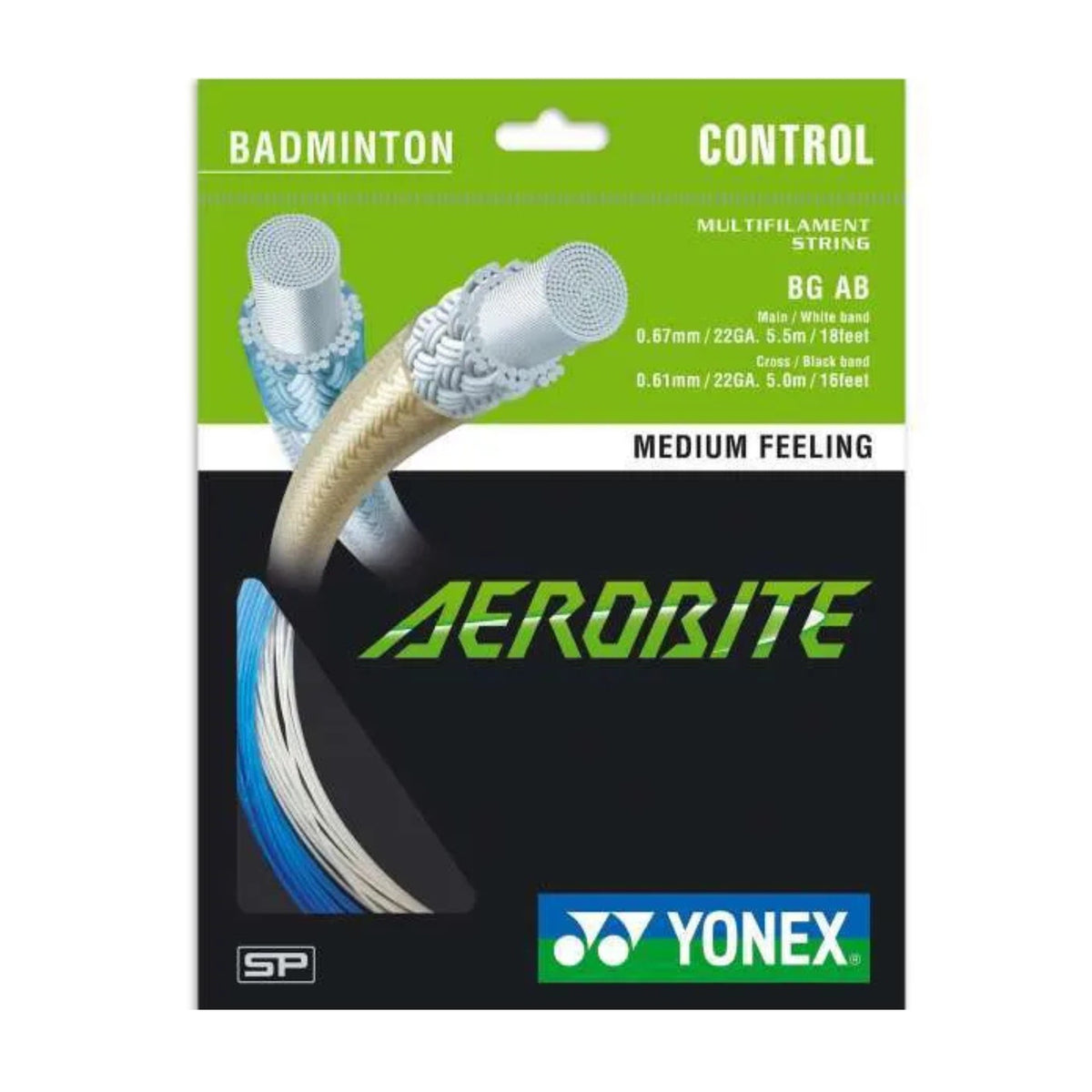Yonex Aerobite badminton string packaging with green and black design