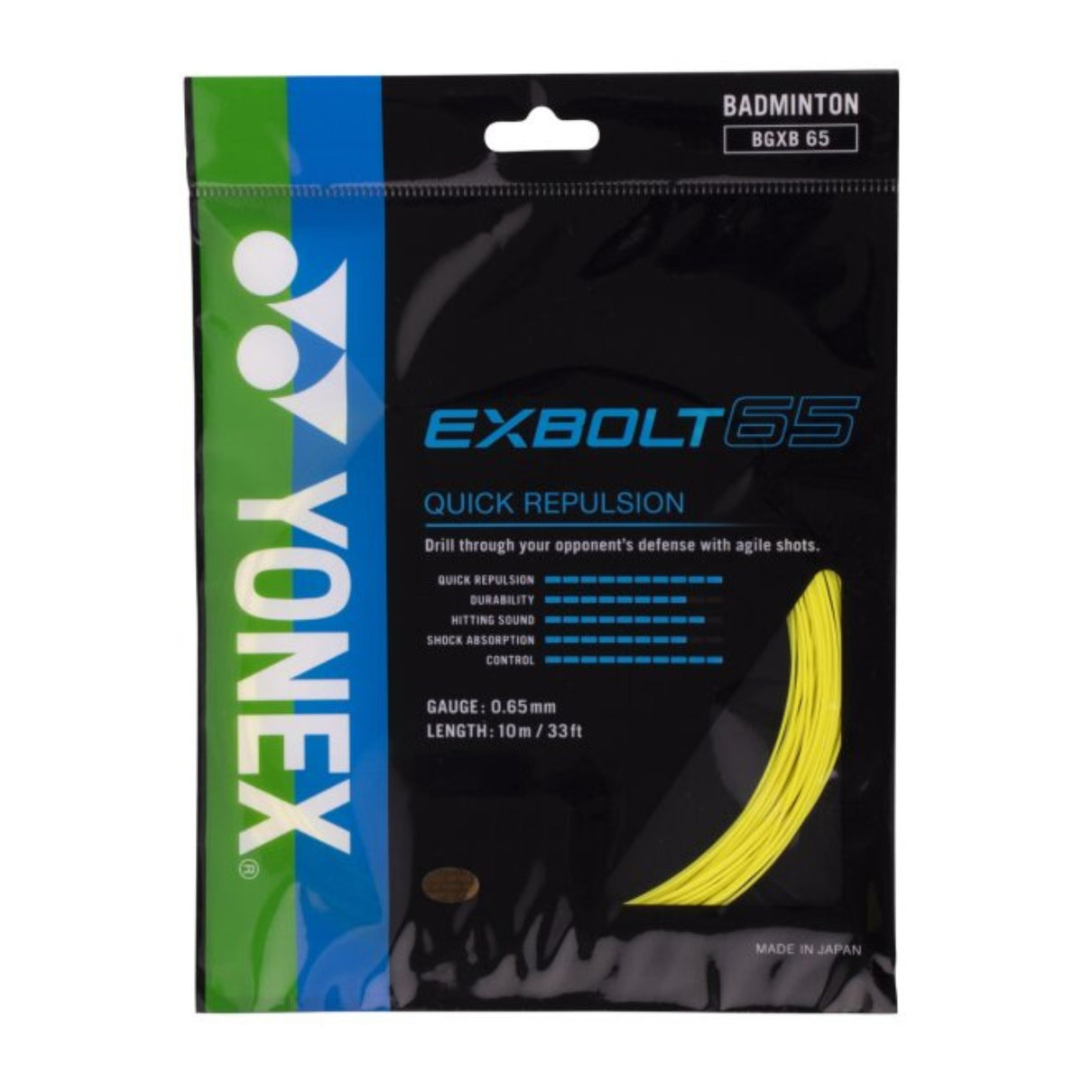 Yonex Exbolt 65 badminton string package on a white background