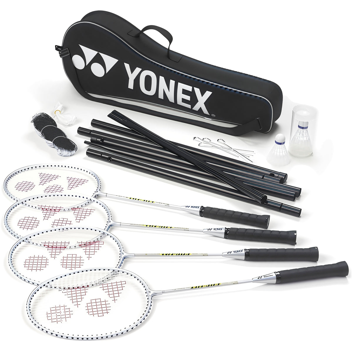 Yonex badminton racket set with rackets, net set and shuttlecocks on a white background