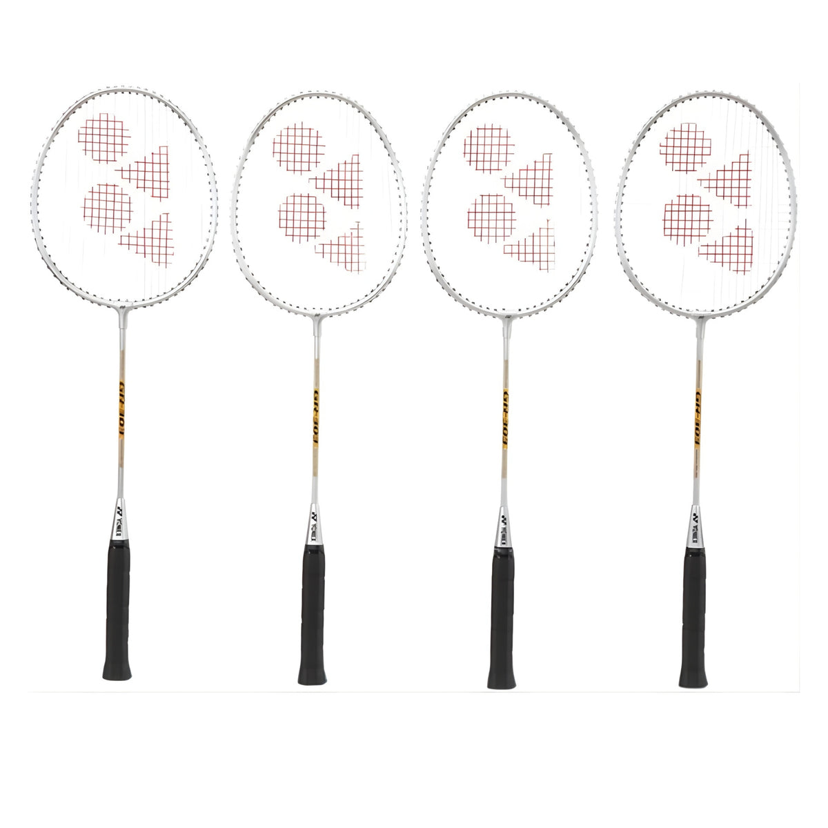 Four Yonex badminton rackets with black handles on a white background